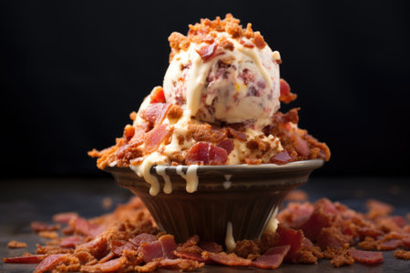 bacon flavored ice cream with crispy bacon bits on top, created with generative aiの素材