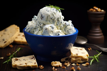 blue cheese flavored ice cream with small chunks of blue cheese on top, created with generative aiの素材
