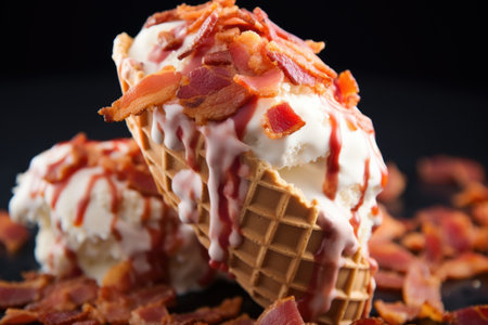 close-up shot of a scoop of bacon-flavored ice cream on a waffle cone, created with generative aiの素材