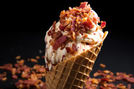 a scoop of bacon ice cream on a waffle cone, garnished with crispy bacon bits, created with generative aiの素材