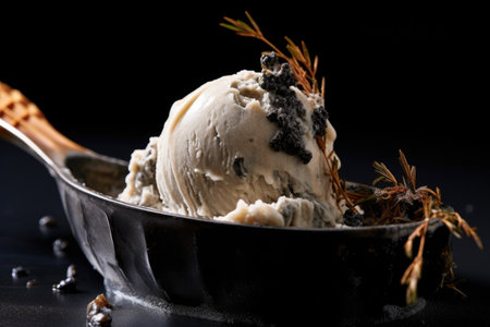 a close-up of a scoop of black garlic ice cream, created with generative aiの素材