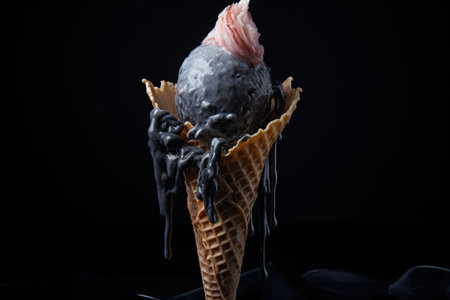 an ice cream cone with a scoop of squid ink flavor, created with generative aiの素材