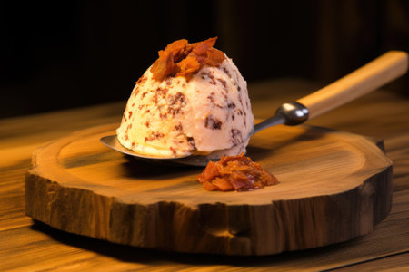 bacon and egg ice cream served on a rustic wooden board, created with generative aiの素材