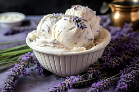 close-up shot of lavender flavored ice cream with real lavender sprigs on top, created with generative aiの素材