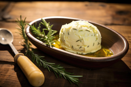 a scoop of olive oil and rosemary ice cream on a rustic wooden table, created with generative aiの素材