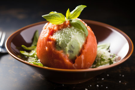 tomato basil ice cream served in a hollowed-out tomato, created with generative aiの素材