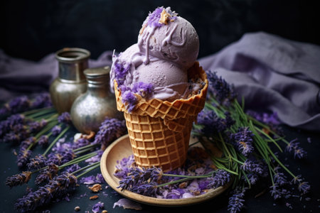 a scoop of lavender ice cream on a waffle cone, created with generative aiの素材