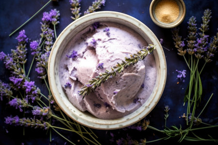 top view of a bowl filled with lavender-infused ice cream and fresh sprigs, created with generative aiの素材