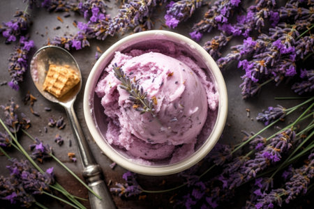 top view of a bowl filled with lavender-infused ice cream and fresh sprigs, created with generative aiの素材