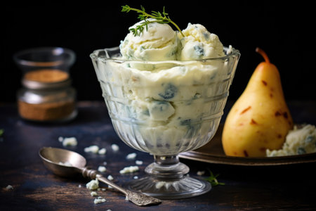 blue cheese and pear ice cream in a glass bowl, created with generative aiの素材