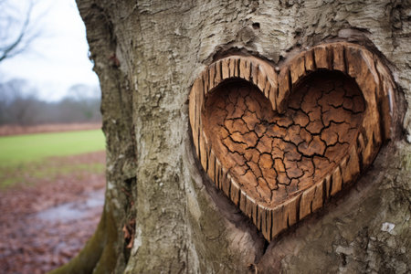 a naturally shaped heart imprinted on the bark of an old oak, created with generative aiの素材