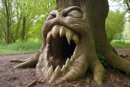 tree trunk with twisted grooves forming a mouth-like shape, created with generative aiの素材