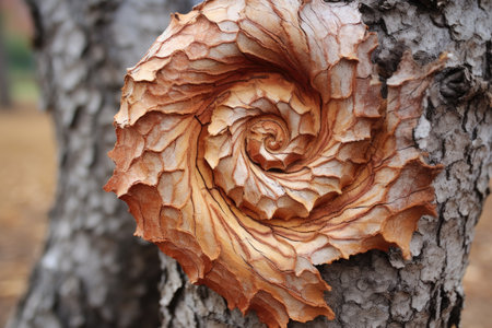 close-up of tree bark forming a shape similar to a snail shell, created with generative aiの素材