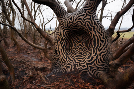 a tree trunk with a bark pattern resembling a labyrinth, created with generative aiの素材