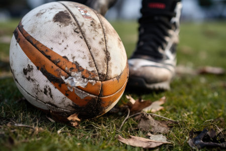 close-up of a rugby ball in a wheelchair players lap, created with generative aiの素材