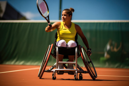 a focused wheelchair athlete ready to serve in a tennis game, created with generative aiの素材