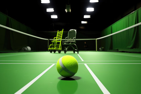a tennis ball bouncing on the court with a wheelchair player in the background, created with generative aiの素材
