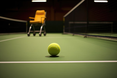 a tennis ball bouncing on the court with a wheelchair player in the background, created with generative aiの素材