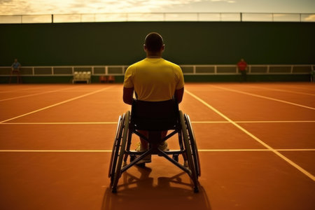 wheelchair athlete preparing to serve on a tennis court, created with generative aiの素材
