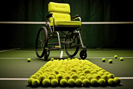 tennis balls scattered near a sports wheelchair on a court, created with generative aiの素材