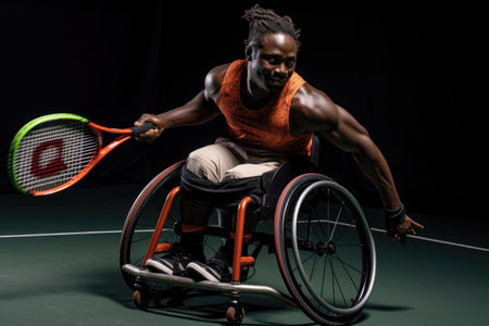 wheelchair tennis player in action, hitting a forehand shot, created with generative aiの素材