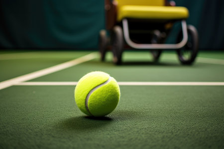 close-up of a tennis ball and a wheelchair on a tennis court, created with generative aiの素材