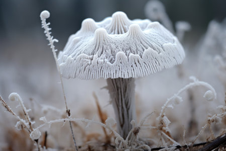 a mushroom cap covered in intricate frost patterns, created with generative aiの素材