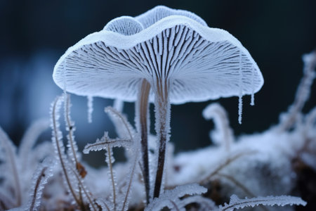 a mushroom cap covered in intricate frost patterns, created with generative aiの素材