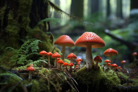 a cluster of red toadstools against a mossy forest floor, created with generative aiの素材