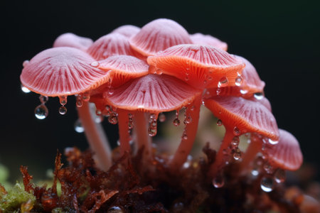 close-up of dew drops on the cap of a mushroom, created with generative aiの素材