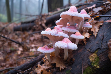 pastel-colored mushrooms growing on a decaying tree trunk, created with generative aiの素材