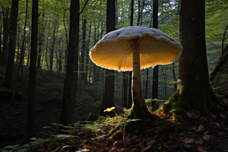 a single umbrella-shaped mushroom, caught in a sunbeam, against a dark forest backdrop, created with generative aiの素材
