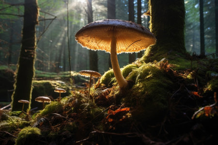 a single umbrella-shaped mushroom, caught in a sunbeam, against a dark forest backdrop, created with generative aiの素材