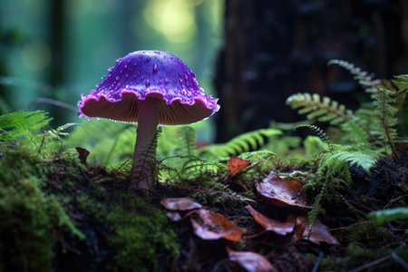 a vibrant purple mushroom contrasting against green forest floor foliage, created with generative aiの素材