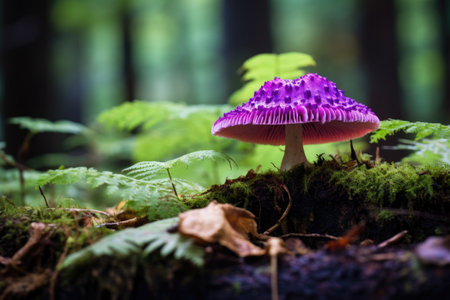 a vibrant purple mushroom contrasting against green forest floor foliage, created with generative aiの素材