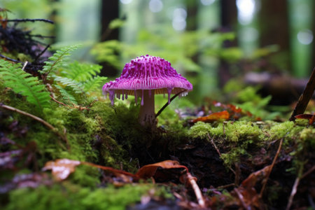 a vibrant purple mushroom contrasting against green forest floor foliage, created with generative aiの素材