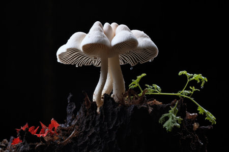 striking contrast of a white mushroom against a dark soil background, created with generative aiの素材