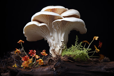 striking contrast of a white mushroom against a dark soil background, created with generative aiの素材