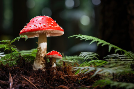 a single, striking fly agaric mushroom amidst ferns, created with generative aiの素材