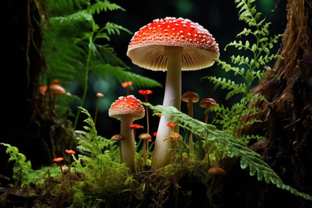 a single, striking fly agaric mushroom amidst ferns, created with generative aiの素材