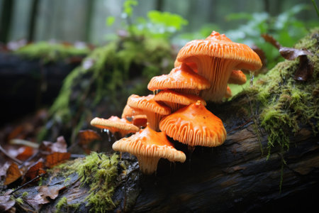 bright orange chicken-of-the-woods mushroom growing on a fallen log, created with generative aiの素材