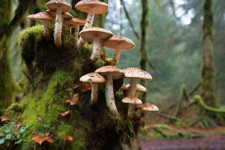 shelf mushrooms growing on an old, moss-covered tree stump, created with generative aiの素材