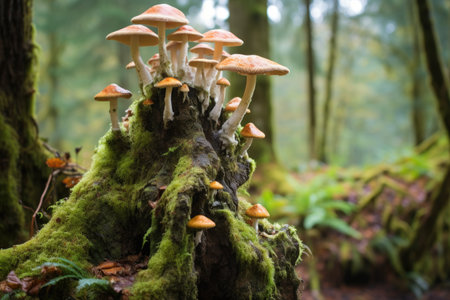 shelf mushrooms growing on an old, moss-covered tree stump, created with generative aiの素材