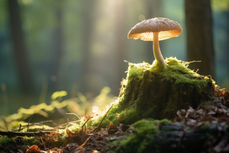 a lone mushroom growing out of a tree stump in a sunlit clearing, created with generative aiの素材