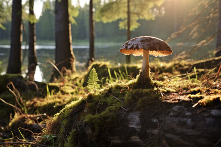 a lone mushroom growing out of a tree stump in a sunlit clearing, created with generative aiの素材