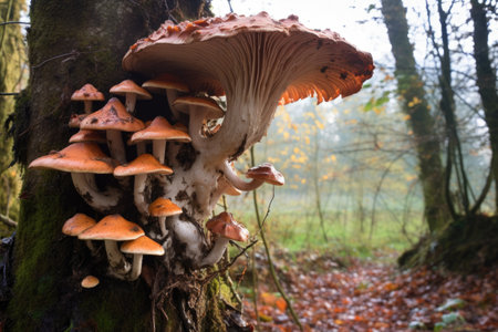 unique formation of shelf mushrooms on a tree trunk, created with generative aiの素材