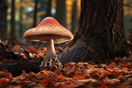 a single, tall mushroom standing amidst fallen autumn leaves, created with generative aiの素材