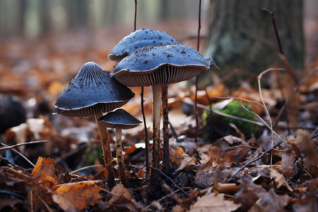 a cluster of ink cap mushrooms sprouting after a ra, created with generative aiの素材