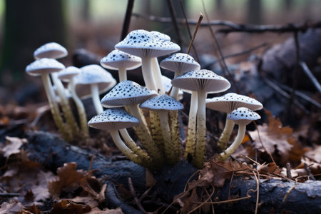 a cluster of ink cap mushrooms sprouting after a ra, created with generative aiの素材