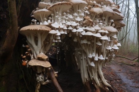 tightly knit groups of shelf mushrooms on the bark of a gnarled old tree, created with generative aiの素材